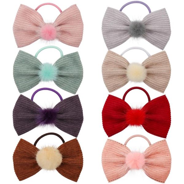 

pcs/lot , 4.5" corduroy pom elastic hair bands for girls kids handmade korean solid velvet headband children hair accessories, Slivery;white