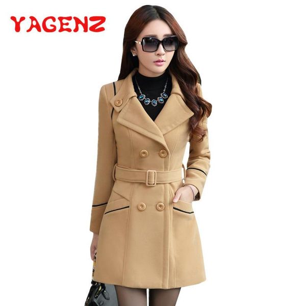 

yagenz m-3xl autumn winter wool jacket women double breasted coats elegant overcoat basic coat pockets woolen long coat 200, Black