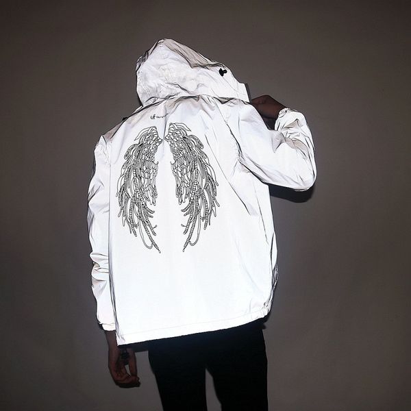 

2019 fashion night 3m reflective jacket waterproof hiphop wings printed couple windbreaker hooded fluorescent coats masculinity, Black;brown
