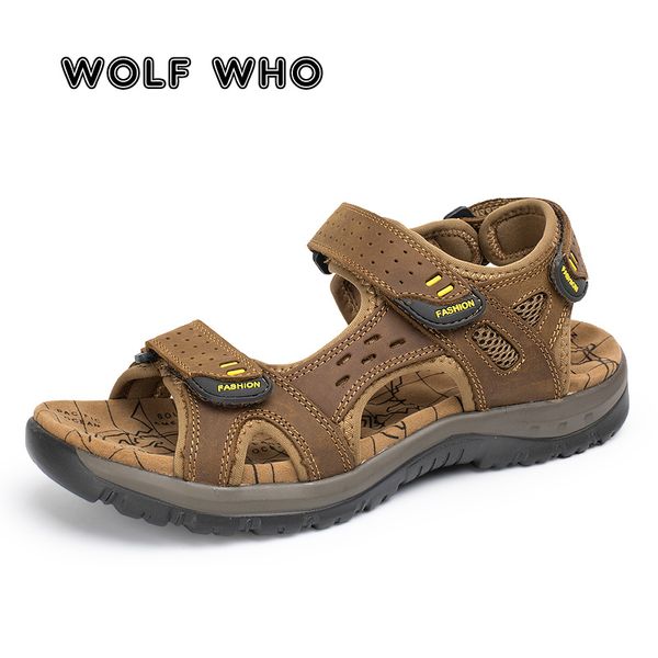 

wolf who new fashion summer casual beach men shoes leather sandals big size 45 male sandals krasovki a-007, Black