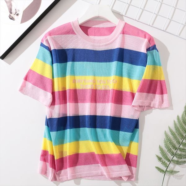 

2019 t-shirt sweater rainbow striped ice silk short-sleeved t-shirt loose half-sleeve bottoming sweater women's top, White