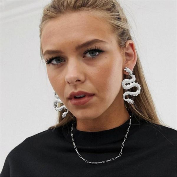 

drop shipping big size gold dragon drop earrings for women exaggerated animal punk earring brinco, Silver
