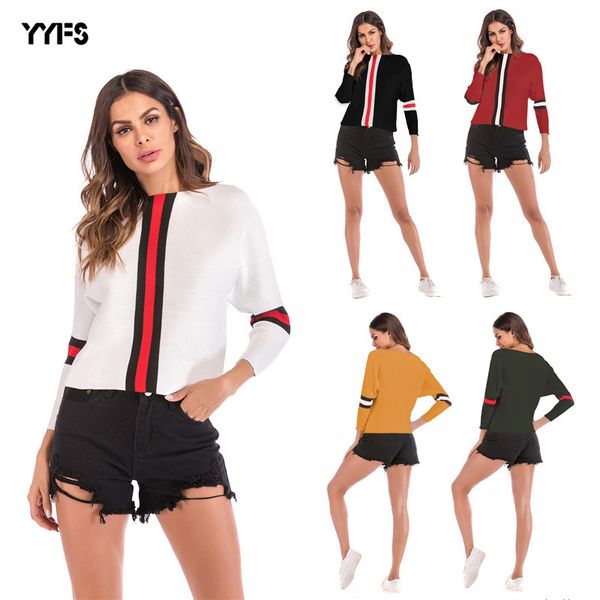 

womens designer sweater bat sleeve striped color matching sweater word collar short, White;black