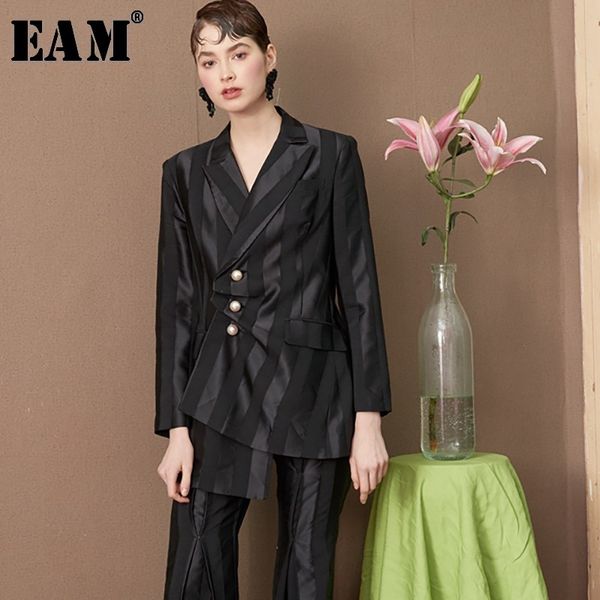 

eam] 2019 spring new fashion black striped pockets nailed turn-down collar slim long sleeve asymmetry women suit coat ra093, Black;brown