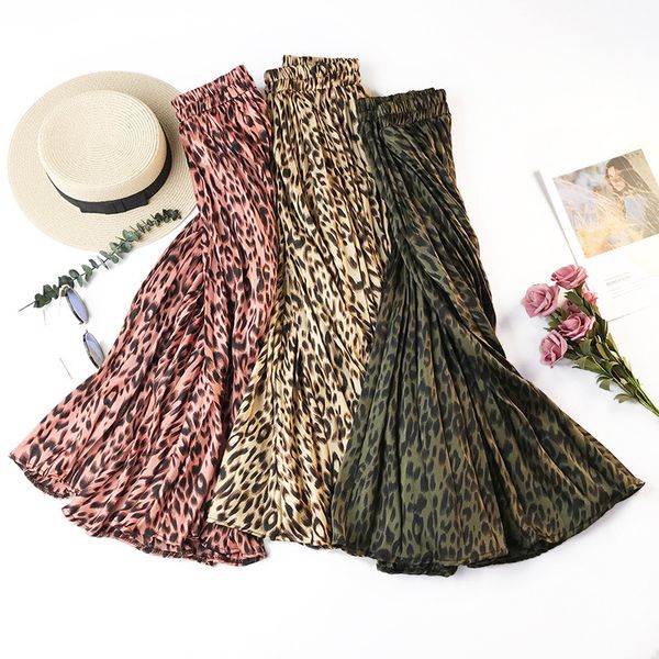 

midi long leopard print pleated skirts women 2019 autumn winter korean elegant high waist a-line fashion skirt female, Black;gray