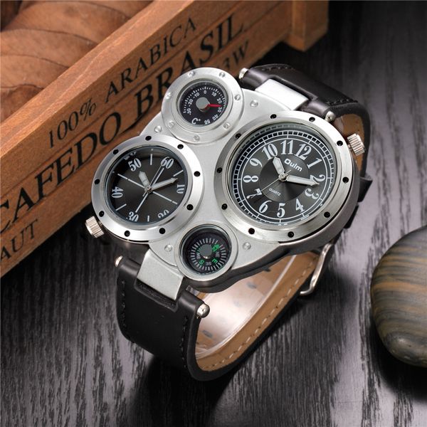 

oulm hp9415 sport watches dual time zone quartz wristwatch decorative compass thermometer fashion leather male watch, Slivery;brown