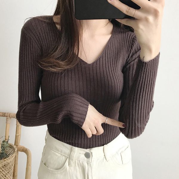 

2020 basic v-neck solid autumn winter sweater pullover women female knitted sweater slim long sleeve bodycon cheap, White;black