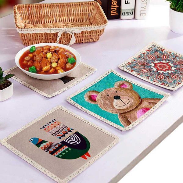 

cartoon simple placemat mat cotton linen cloth potholder thicken table mats bowl cup insulation pads js23