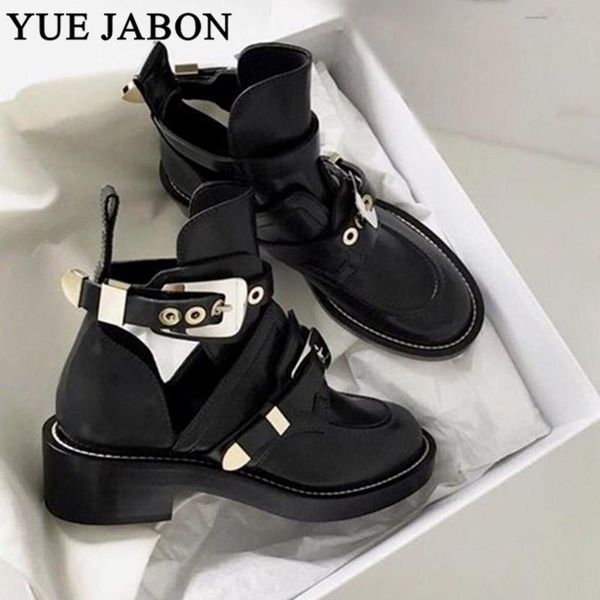 

round toe women summer sandals boots metal gold/silver buckle straps thick heel ankle boots cut outs motorcycle punk sandals, Black