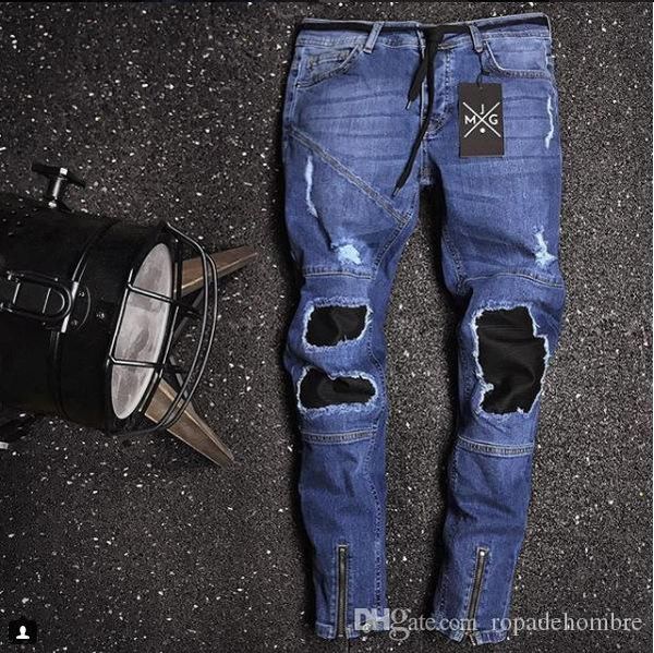 

mens fashion denim blue jeans patched designer male rapper skateboard biker pencil jeans