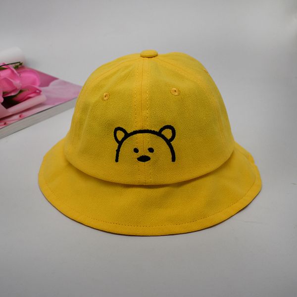 

2020 spring autumn new fashion baby fisherman hat baby boy girl cute bear embroidery solid colors dome wide eaves sun hat, Yellow