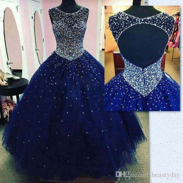 Lacivert Quinceanera Elbiseler Sheer Jewel Boyun Aç Geri Bling Kristal Pageant elbise Tatlı 16 vestidos de quinceañera Tatlı 15 Elbise