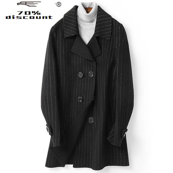 

2020 new wool coat men double breasted long wool jacket striped korean mens coats abrigo hombre d-04-2959a-2 kj3024, Black