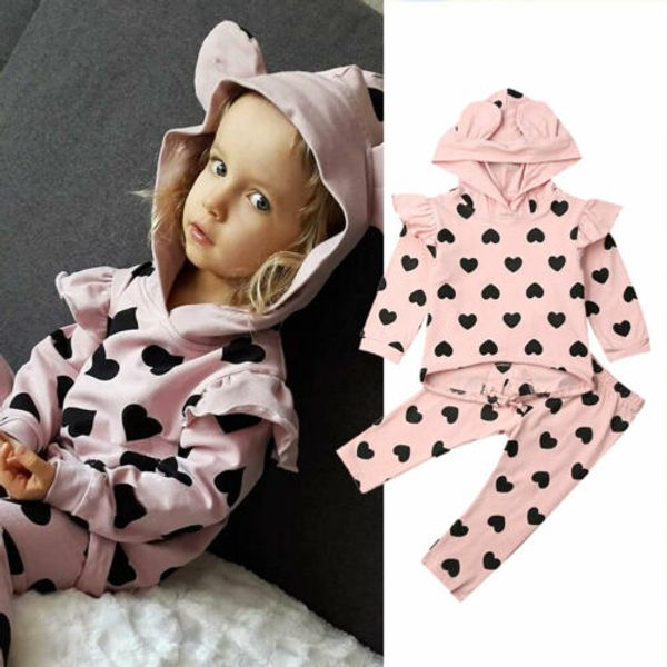 

1-5years infant baby girl kid love hooded ruffles sleeve pullover + trousers outfit clothes sets, White