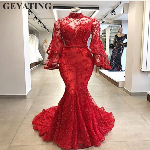 

2019 elegant muslim red arabic evening dresses long sleeves high neck bead lace mermaid prom dress dubai women formal party gown, White;black