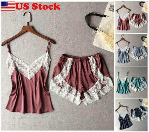 

2pcs women satin lace sleepwear babydoll lingerie nightdress pajamas set, Black;red