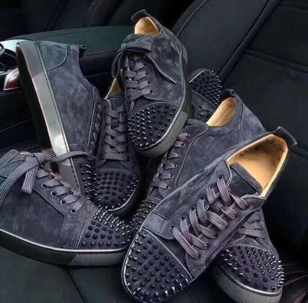 

new red bottom spikes flat veau velours designer sneakers men trainers 100% genuine leather low cut men women party shoes wedding shoes, Black