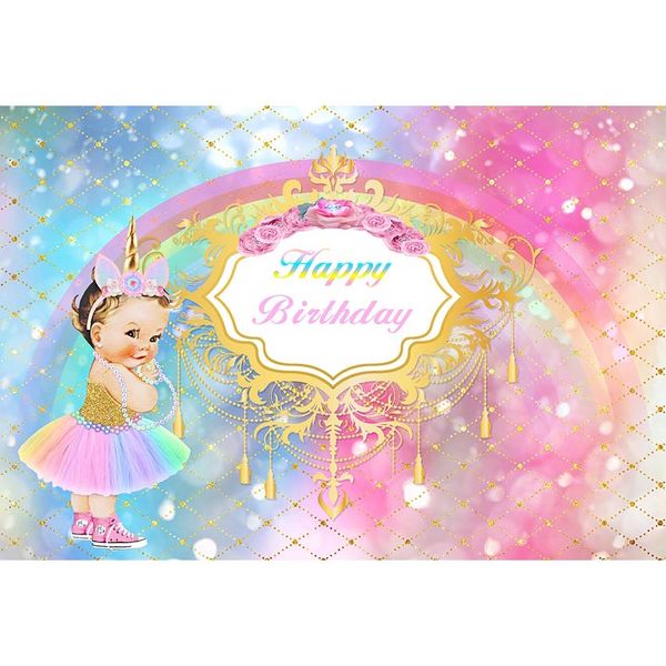 2020 7x5ft Gold Frame Happy Birthday Unicorn Baby Shower Rainbow