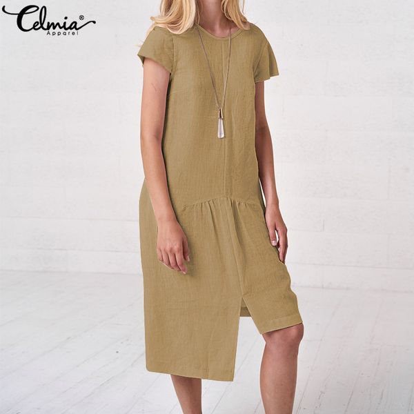 

Celmia 2019 Summer Beach Dresses Women Retro Linen Midi Dress Short Sleeve Solid Baggy Asymmetric Long Shirt Vestidos Plus Size