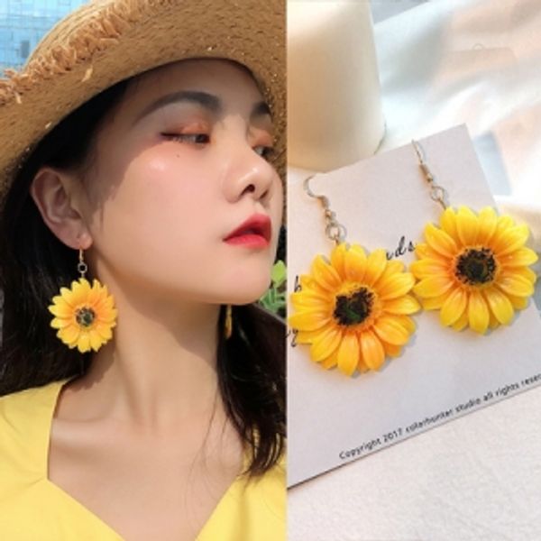 

sunflower flower long summer holiday style earrings light lemon yellow clean and bright ear ornament, Silver