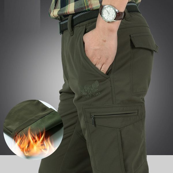 

men winter warm full length cargo pants elastic waist thicken trousers men 50, Black