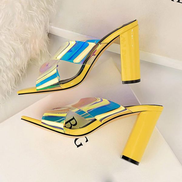 

2020 summer women 9.5cm high heels mules yellow slides neon green open toe block thick heels slipper sandals design white shoes, Black
