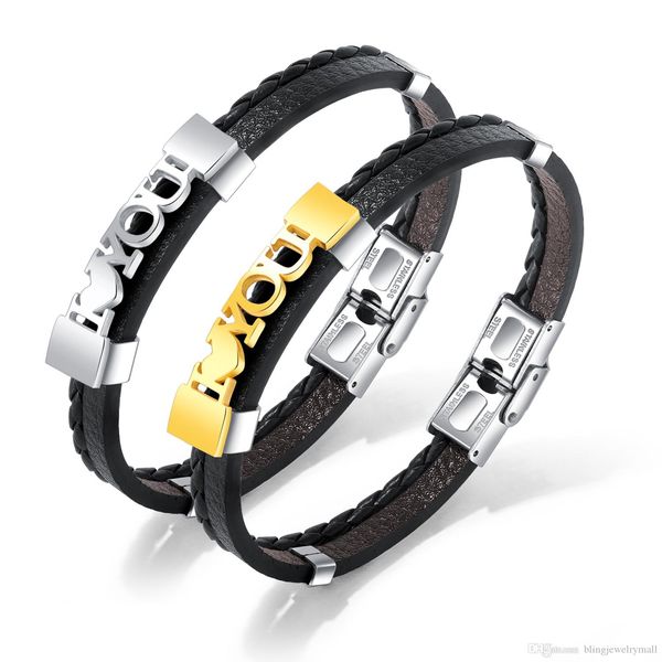 

fashion " love you" male multilayer leather bracelets & bangles gold silver stainless steel gift charm men jewelry gift ph1272, Black