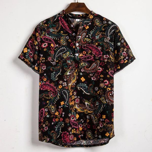 

2020 spring and summer new style men fashion pullover print shirt teenager short sleeve cotton linen printed shirt, White;black