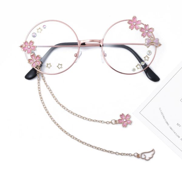 

cute handmade wing sakura pendant clear optical glasses frame women round girls retro gothic eyewear bowknot glass oculos gafas, Black