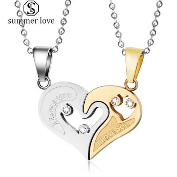 

titanium steel heart shape pendant with crystal couple necklace set for women men jewelry gift for your lover, Silver