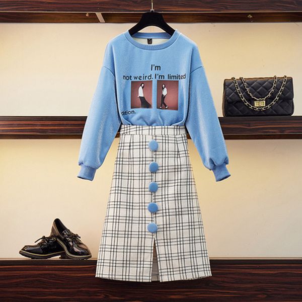 

spring autumn plaid woolen skirt 2 piece set cool girl portrait print bright silk pullovers casual sweatshirt women skirt suits, White