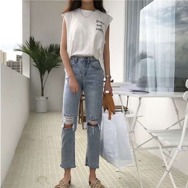

washed straight jean pants women ripped high waisted jeans bleached harajuku denim pants, Blue