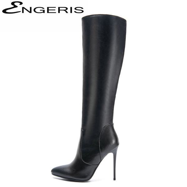 

engeris knee high boots for women soft pu leather stiletto heel high heels shoes woman fashion autumn winter boots botas black