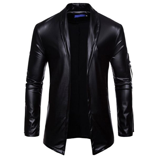 

uplzcoo black pu leather suit blazer men slim fit solid color cardigan casaco masculino shiny glitter nightclub dj jaqueta em151, White;black