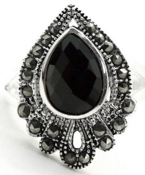 

jade natural drop black marcasite agate sterling silver 925 silver ring size