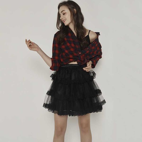 

casual princess style mesh ball gown 2020 new lolita pleated mini skirt solid nylon lace splice short tulle skirts, Black