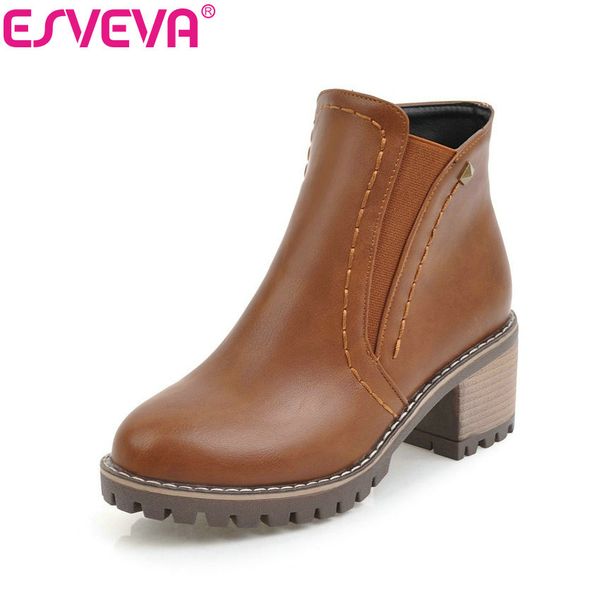 

esveva 2020 chunky women boots short plush square heels ankle boots round toe zippers spring and autumn ladies shoes size 34-43, Black