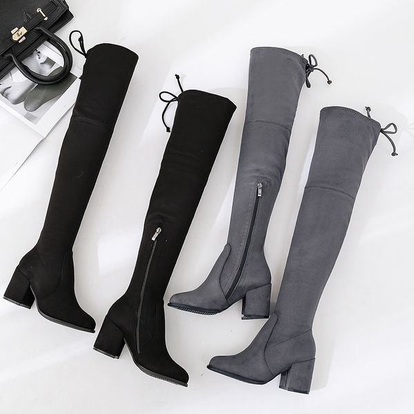

autumn winter stretch women thigh high boots comfortable thick heeled warm suede over the knee boots high heels long shoes, Black