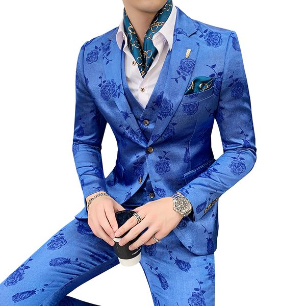 

rose print men's blazer fashion england style bar party high-end fashion men's suit set 3 piece / jacket + pants + vest, White;black