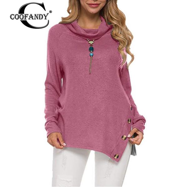 

women casual cowl collar long sleeve regular side split solid spring, autumn pullover button sweatshirt, Black