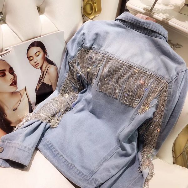 

new fashion women heavy diamond tassel chain bling jeans coat high street girls water drill shiny loose denim jacket outwear, Black;brown
