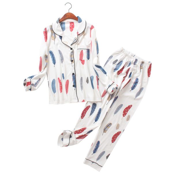 

осень чистого хлопка с длинными рукавами пижамы корейской версии сладкий свободный кардиган пижамы женщины печать на перьях пижамы домашний, Blue;gray