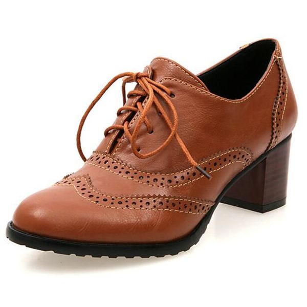 

2020 spring autumn lace up women pumps vintage oxford brogues shoes cut out chunky high heels women ankle boots big sizes, Black