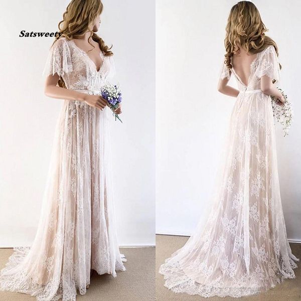 

champagne bridal gowns country bohemian wedding dresses v neck short sleeves lace backless plus size, White
