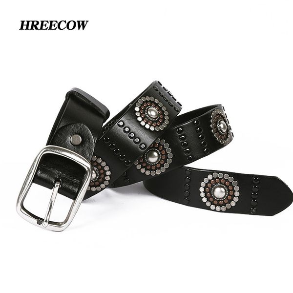 

layer rivet punk male belt genuine leather belts novelty designed personally gift for man geometry decoration for jeans, Black;brown