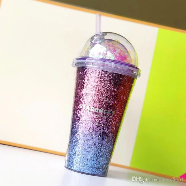 

new starbucks gradient purple sakura sequins straw coffee cup 16oz cherry blossom season plastic cold water cup portable accompanying cup
