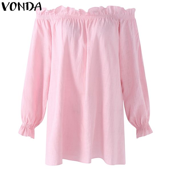 

vonda 2020 autumn women off shoulder cotton shirts ruffles blusas long puff sleeve solid casual loose blouse plus size, White
