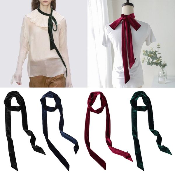 

женщины шелковый шарф пояса ретро бархат шарф сплошной цвет лук тощий длинная лента галстук шеи, Black;blue