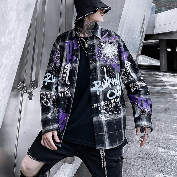 

english male hip hop shirt printing 2019 new painting cents a lazy wind grid very handsome ruffian loose long-sleeved shirt