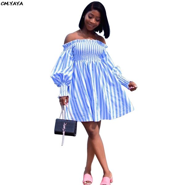 

2019 new women summer stripes print off shoulder lantern long sleeve big swing mini dress bohemian beach fashion dresses glg4232, Black;gray